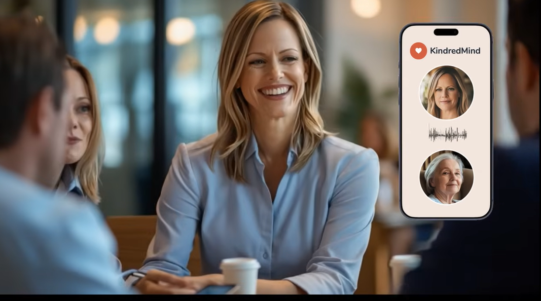 Elderly woman receiving a check-in call from KindredMind, in her caregiver's voice