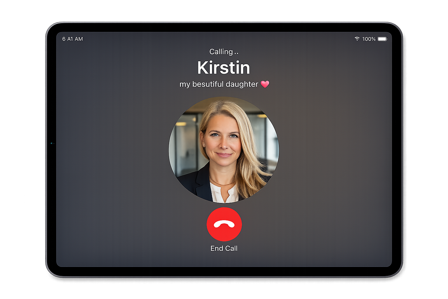 iPad showing a KindredMind call in progress, with the caregiver's name and photo on screen