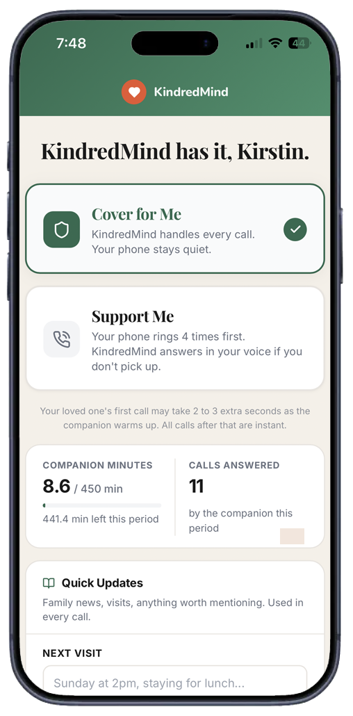 KindredMind mobile app showing call coverage modes